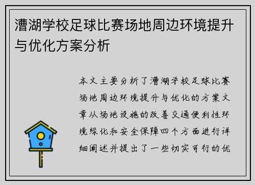 漕湖学校足球比赛场地周边环境提升与优化方案分析