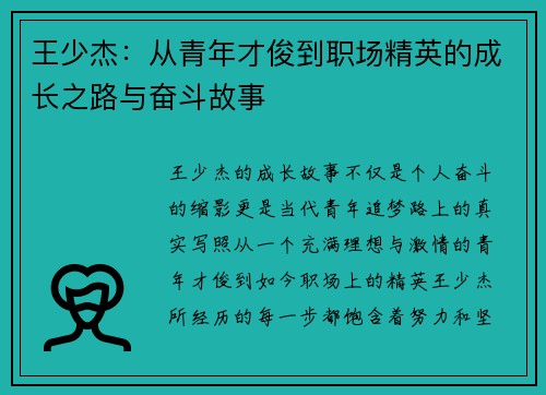 王少杰：从青年才俊到职场精英的成长之路与奋斗故事