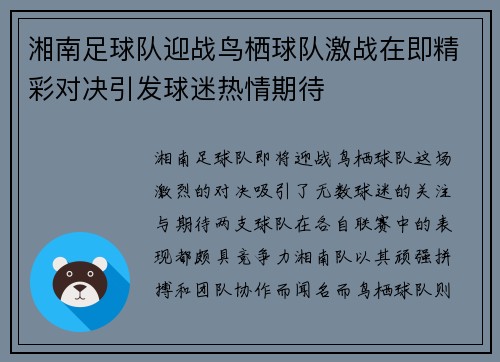 湘南足球队迎战鸟栖球队激战在即精彩对决引发球迷热情期待