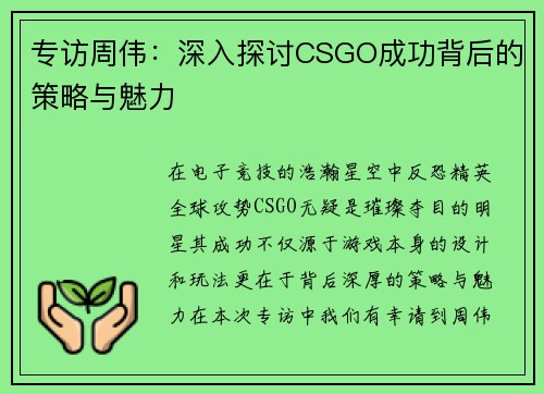 专访周伟：深入探讨CSGO成功背后的策略与魅力